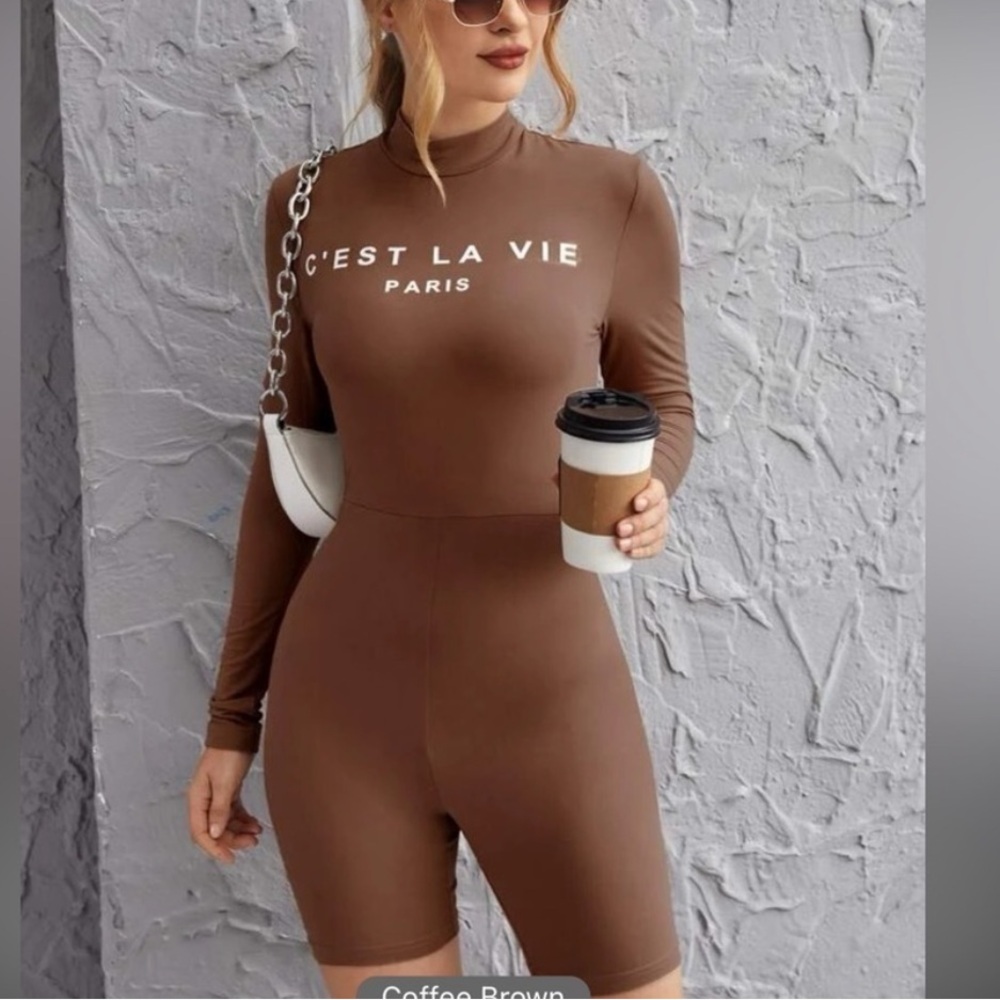 SHEIN Tan/white Zipper back Detail C’est La Vie Paris leotard jumpsuit SZ Small